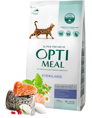 OPTIMEAL zestaw karmy łosoś i dorsz koty sterylizowane 1,5 kg + 4 saszetki