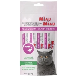 MIAU MIAU kremowy przysmak dla kotów - łosoś i kaczka, 4 x 15 g