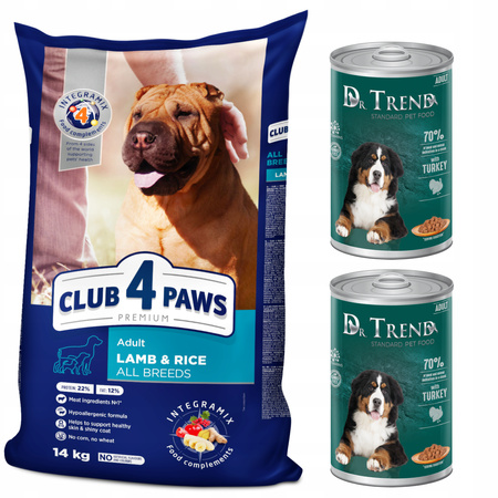 CLUB 4 PAWS Premium sucha karma dla psów - jagnięcina i ryż 14 kg + GRATIS
