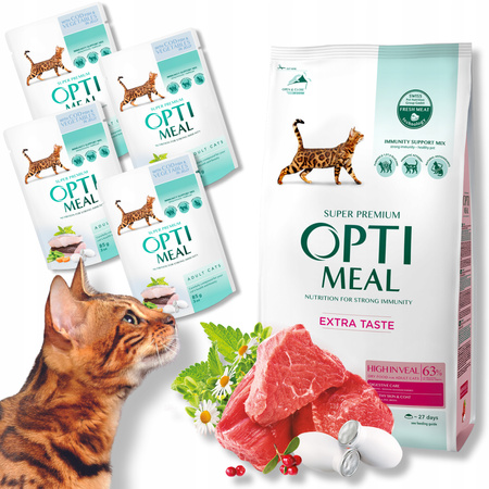 OPTIMEAL zestaw suchej i mokrej karmy dla kotów z CIELĘCINĄ i dorszem