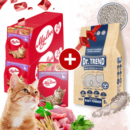 MY LOVE mokra karma dla kotów - Indyk w delikatnym sosie, 48 x 100 g + żwirek 5L GRATIS