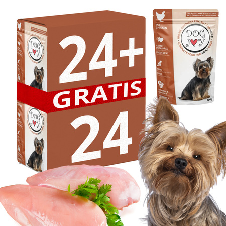DOG JOY mokra karma dla psów - kurczak w sosie 24 x 100 g + GRATIS