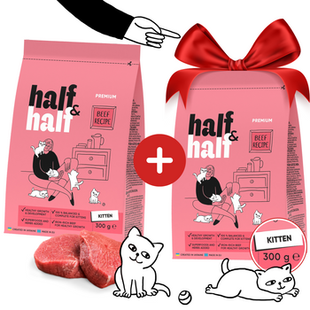 HALF&HALF Sucha karma dla kociąt z wołowiną i witaminami 300g + 300g