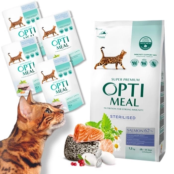 OPTIMEAL zestaw karmy łosoś i dorsz koty sterylizowane 1,5 kg + 4 saszetki